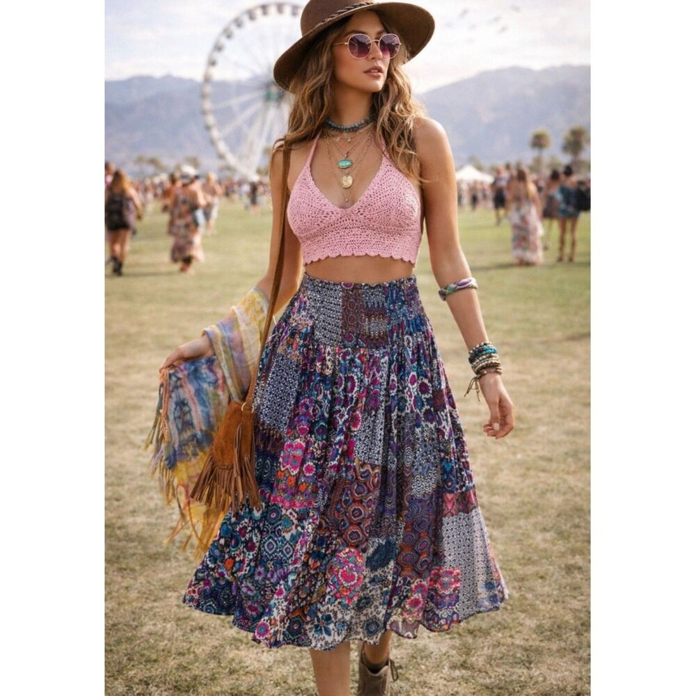 Keawa Boho Patchwork Midi Skirt Sz L/XL Elastic Waist Festival Cottagecore